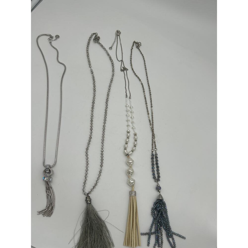 Silver Tone Tassel Necklace Lot of 4 Boho Statement Long Pendant Necklaces